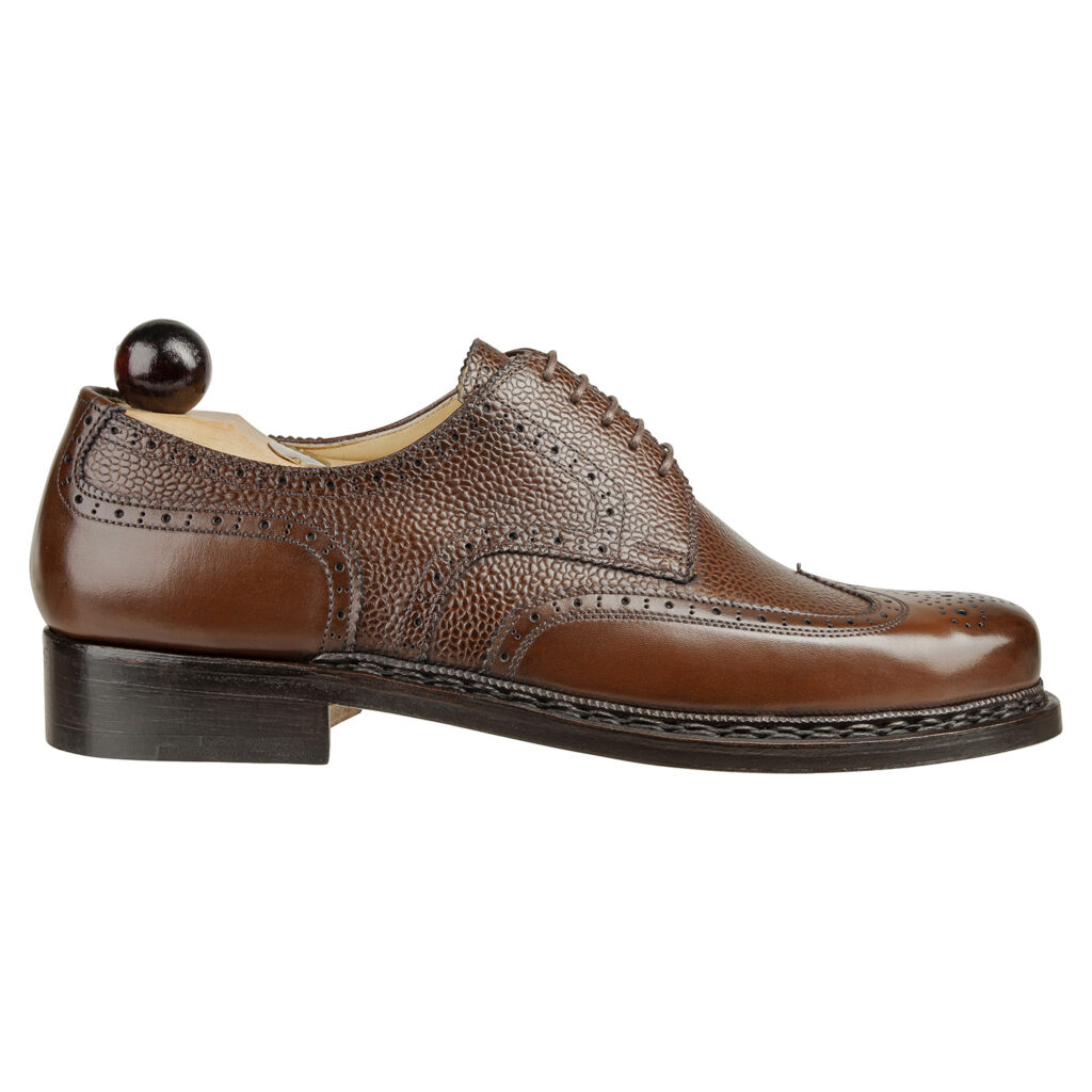 Side view-1 of men’s antique cognac Budapest Derby shoe on BP last with a double leather goyser sole – handmade by Vass Shoes.