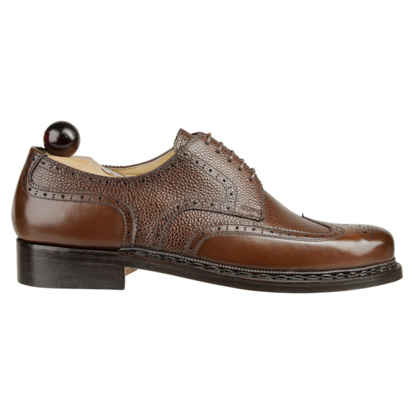 Side view-1 of men’s antique cognac Budapest Derby shoe on BP last with a double leather goyser sole – handmade by Vass Shoes.