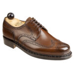 Angle view of men’s antique cognac Budapest Derby shoe on BP last with a double leather goyser sole – handmade by Vass Shoes.