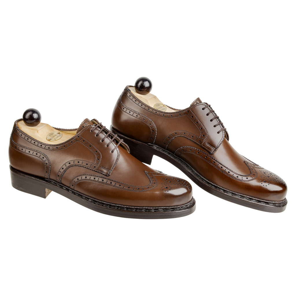 Side view-2 of men’s antique cognac Budapest Derby shoe on BP last with a double leather goyser sole – handmade by Vass Shoes.