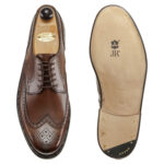 Top view of men’s antique cognac Budapest Derby shoe on BP last with a double leather goyser sole – handmade by Vass Shoes.