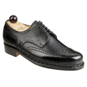 Angle view of men’s black Budapest Derby shoe on BP last with a double leather goyser sole – handmade by Vass Shoes.