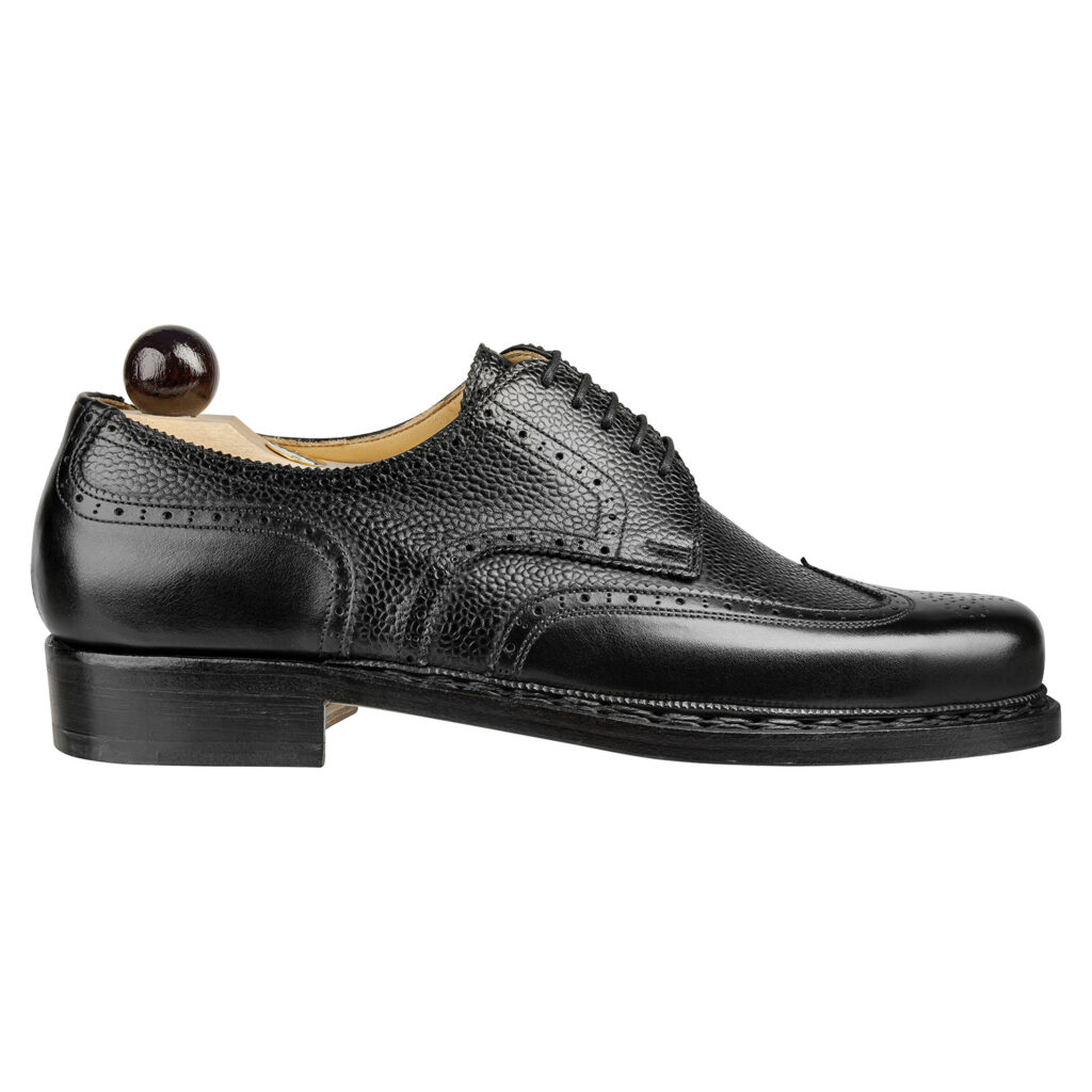 Side view-1 of men’s black Budapest Derby shoe on BP last with a double leather goyser sole – handmade by Vass Shoes.