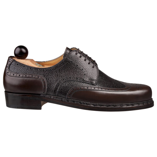 Side view-1 of men’s brown Budapest Derby shoe on BP last with a double leather goyser sole – handmade by Vass Shoes.