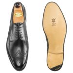 Top view of men’s black calf Budapest Derby shoe on P2 last with a single leather sole – handmade by Vass Shoes.