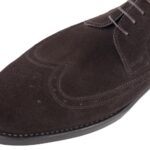 Close-up view of men’s dark brown suede Budapest Derby shoe on P2 last with a dainite rubber sole – handmade by Vass Shoes.