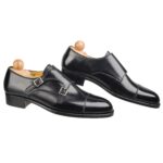 Side view-2 of men’s black Double Monk on F last with a single leather sole – handmade by Vass Shoes.