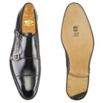 Top view of men’s black Double Monk on F last with a single leather sole – handmade by Vass Shoes.