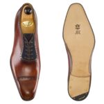 Top view of men’s gold-blue calf Italian Oxford shoe on K last with a single sole – handmade by Vass Shoes.