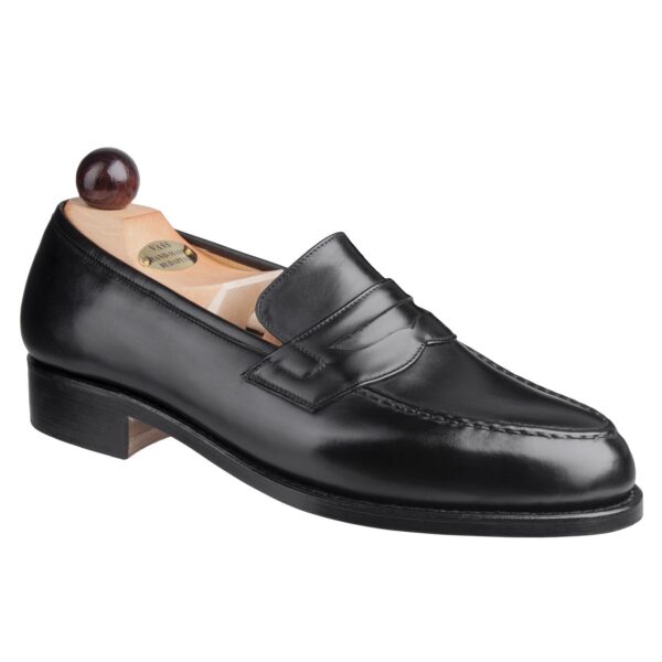 Angle view of men’s black calf Slipper II on P last with a single sole – handmade by Vass Shoes.