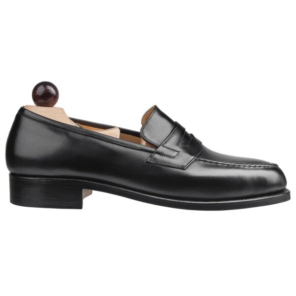 Side view-1 of men’s black calf Slipper II on P last with a single sole – handmade by Vass Shoes.