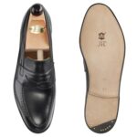 Top view of men’s black calf Slipper II on P last with a single sole – handmade by Vass Shoes.