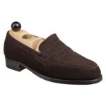 Angle view of men’s brown suede Slipper II on P last with a dainite sole – handmade by Vass Shoes.