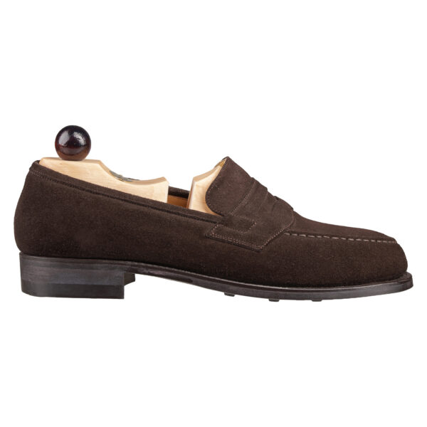 Side view-1 of men’s brown suede Slipper II on P last with a dainite sole – handmade by Vass Shoes.