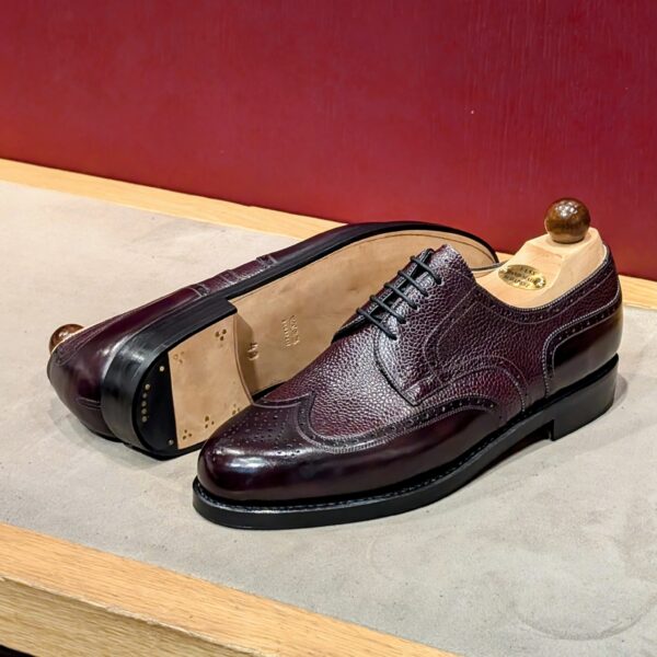 Angle view of men’s bordeaux Budapest Derby shoe on 3636 last with a double leather sole – handmade by Vass Shoes.