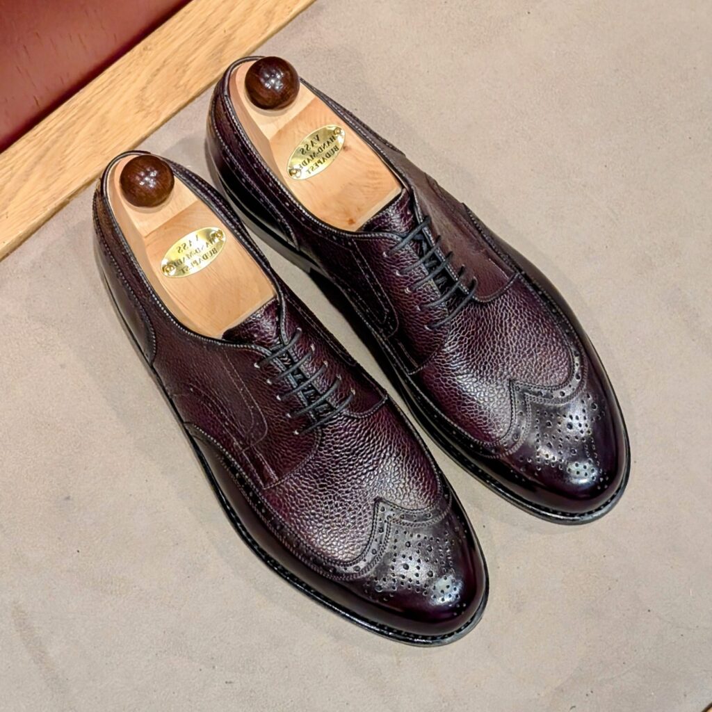 Top view of men’s bordeaux Budapest Derby shoe on 3636 last with a double leather sole – handmade by Vass Shoes.