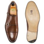 Top view of men’s antique cognac Double Monk on F last with a single leather sole – handmade by Vass Shoes.