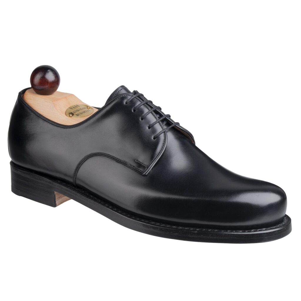 Side view-1 of men’s black derby London 5-eyelets shoe on BP last with a double sole – handmade by Vass Shoes.