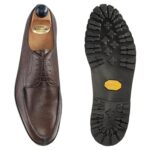 Top view of men’s antique cognac scotchgrain Norweger shoe on P last with a vibram sole – handmade by Vass Shoes.