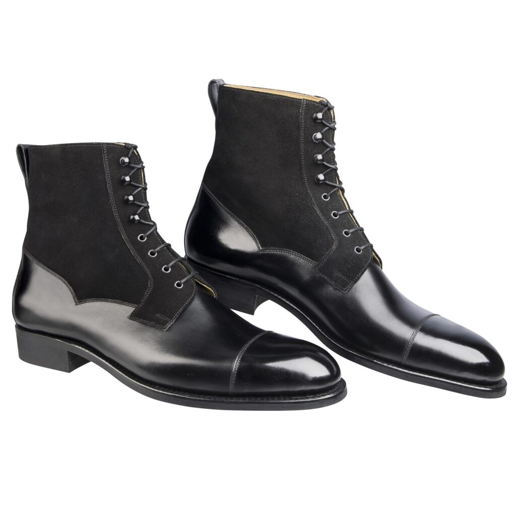 Side view of men’s black Valway high boots on F last with a dainite sole – handmade by Vass Shoes.