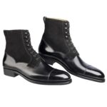 Side view of men’s black Valway high boots on F last with a dainite sole – handmade by Vass Shoes.