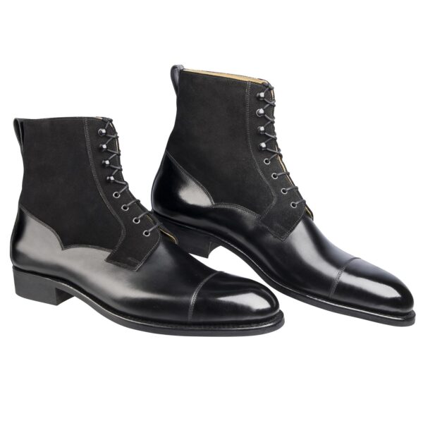 Side view of men’s black Valway high boots on F last with a dainite sole – handmade by Vass Shoes.