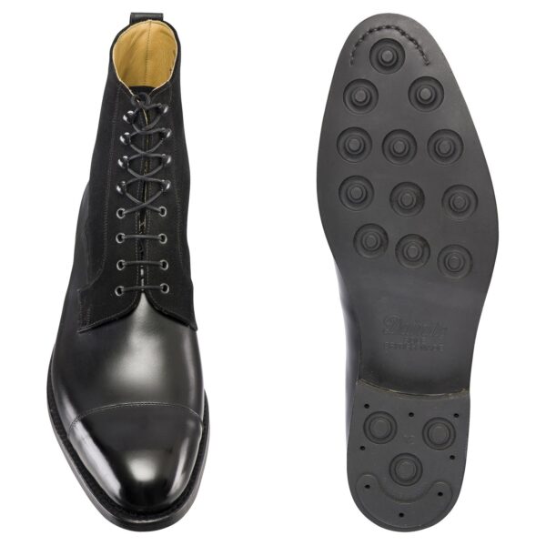 Top view of men’s black Valway high boots on F last with a dainite sole – handmade by Vass Shoes.