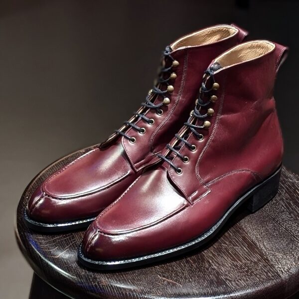 Angle view-2 of men’s bordeaux calf Oslo high boots on F last with a dainite sole – handmade by Vass Shoes.