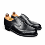 Angle view-1 of men’s black calf Theresianer Derby shoe on 3636 last with a double sole – handmade by Vass Shoes.