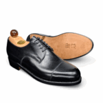 Angle view-2 of men’s black calf Theresianer Derby shoe on 3636 last with a double sole – handmade by Vass Shoes.