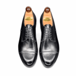Top view of mTen’s black calf Theresianer Derby shoe on 3636 last with a double sole – handmade by Vass Shoes.