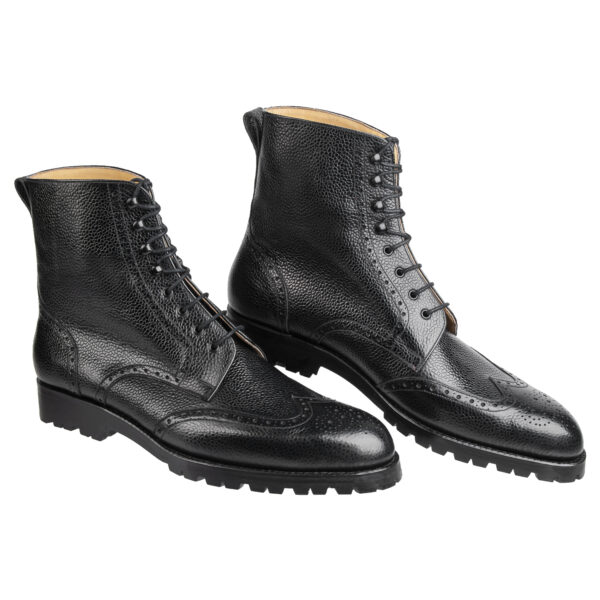 Side view-1 of men’s black scotchgrain Budapest high boots on P2 last with a vibram sole – handmade by Vass Shoes.