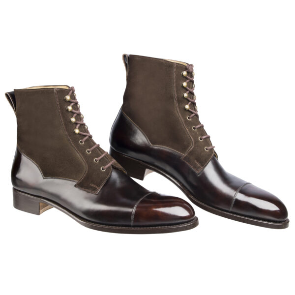 Side view of men’s brown Valway high boots on F last with a dainite sole – handmade by Vass Shoes.