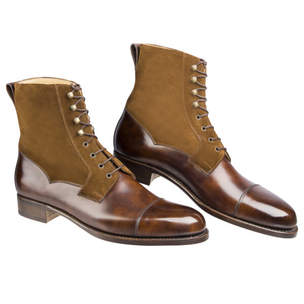 Side view of men’s walnut and deer brown Valway high boots on F last with a dainite sole – handmade by Vass Shoes.