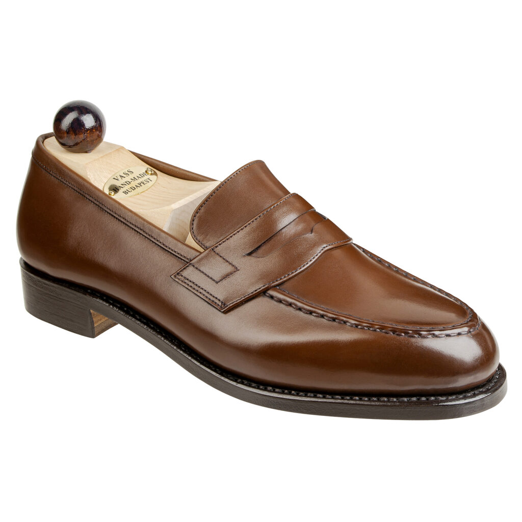 Angle view of men’s antique cognac Slipper II on P last with a single sole – handmade by Vass Shoes.