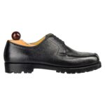 Side view-1 of men’s black scotchgrain Norweger shoe on P last with a vibram sole – handmade by Vass Shoes.