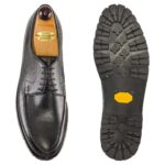Top view of men’s black scotchgrain Norweger shoe on P last with a vibram sole – handmade by Vass Shoes.
