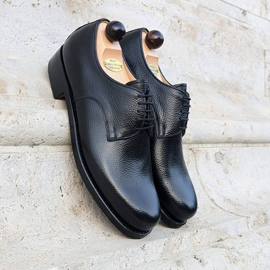 Angle view-1 of men’s black scotchgrain derby London shoe on BP last with a double sole – handmade by Vass Shoes.