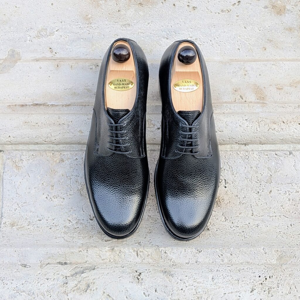 Angle view-1 of men’s black scotchgrain derby London shoe on BP last with a double sole – handmade by Vass Shoes.