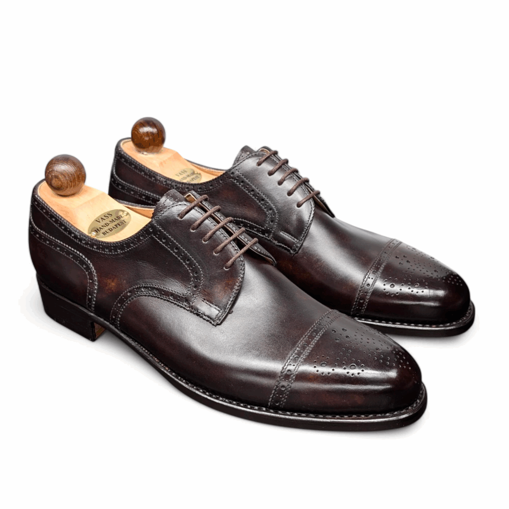 Angle view-1 of men’s brown museum calf Alt Wien Derby shoe on P2 last with a single sole – handmade by Vass Shoes.