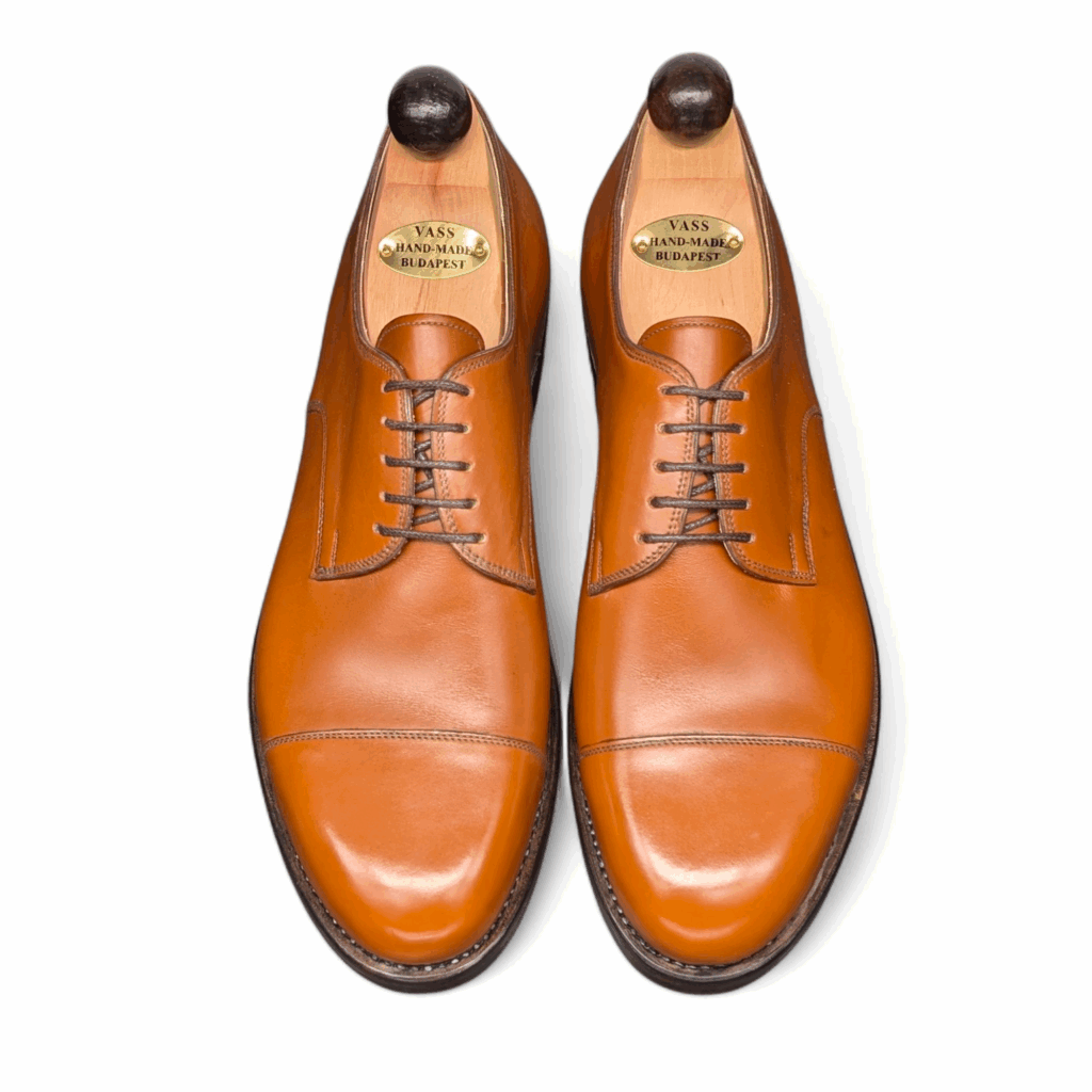 Top view of men’s cognac calf Theresianer Derby shoe on 3636 last with a double sole – handmade by Vass Shoes.