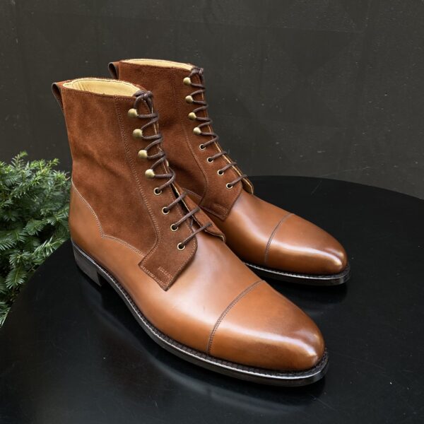 Angle view-1 of men’s 6319 calf and reddish suede Valway boots on F last with a dainite sole – handmade by Vass Shoes.