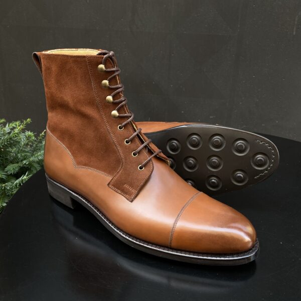 Angle view-2 of men’s 6319 calf and reddish suede Valway boots on F last with a dainite sole – handmade by Vass Shoes.