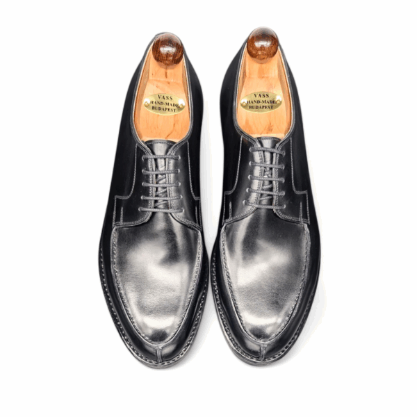AngleTop view of men’s black calf Norweger shoe on P last with a double sole – handmade by Vass Shoes.