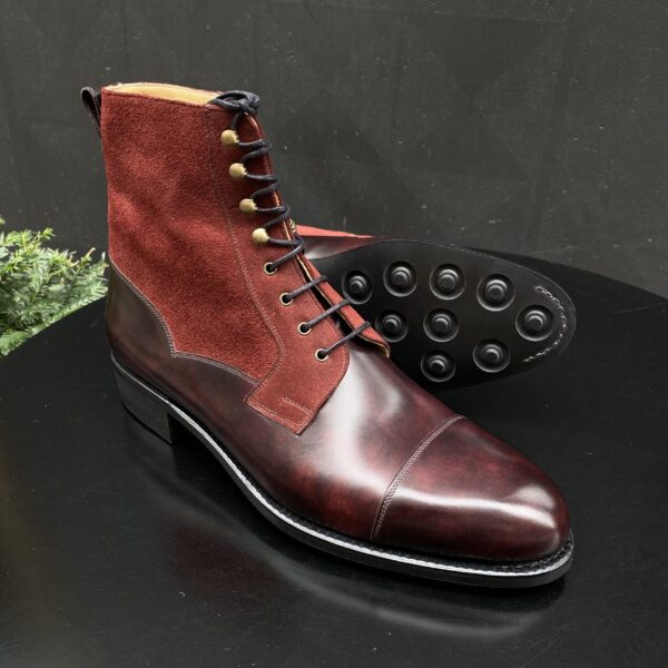 Angle view-2 of men’s bordeaux Valway high boots on F last with a dainite sole – handmade by Vass Shoes.