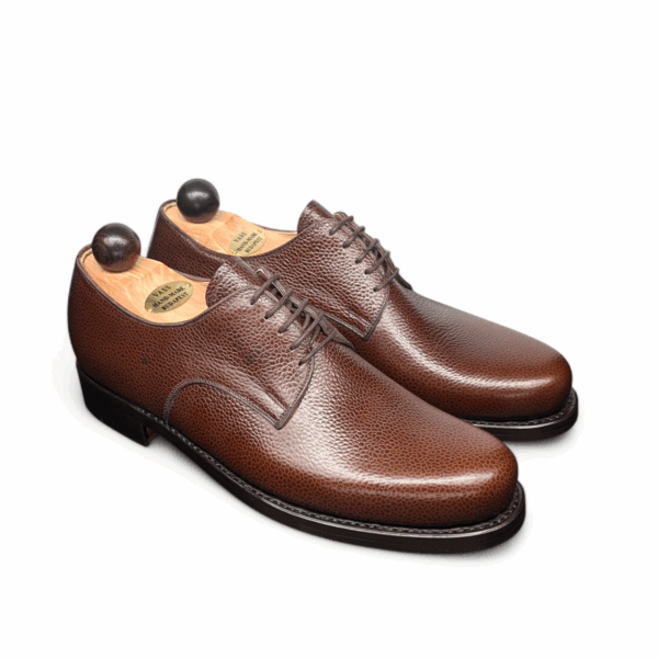 Angle view-1 of men’s antique scotchgrain derby London shoe on BP last with a double sole – handmade by Vass Shoes.