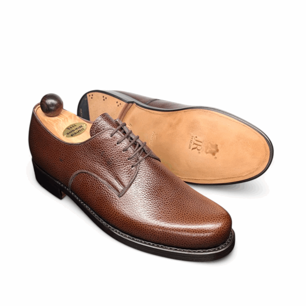 Angle view-2 of men’s antique scotchgrain derby London shoe on BP last with a double sole – handmade by Vass Shoes.
