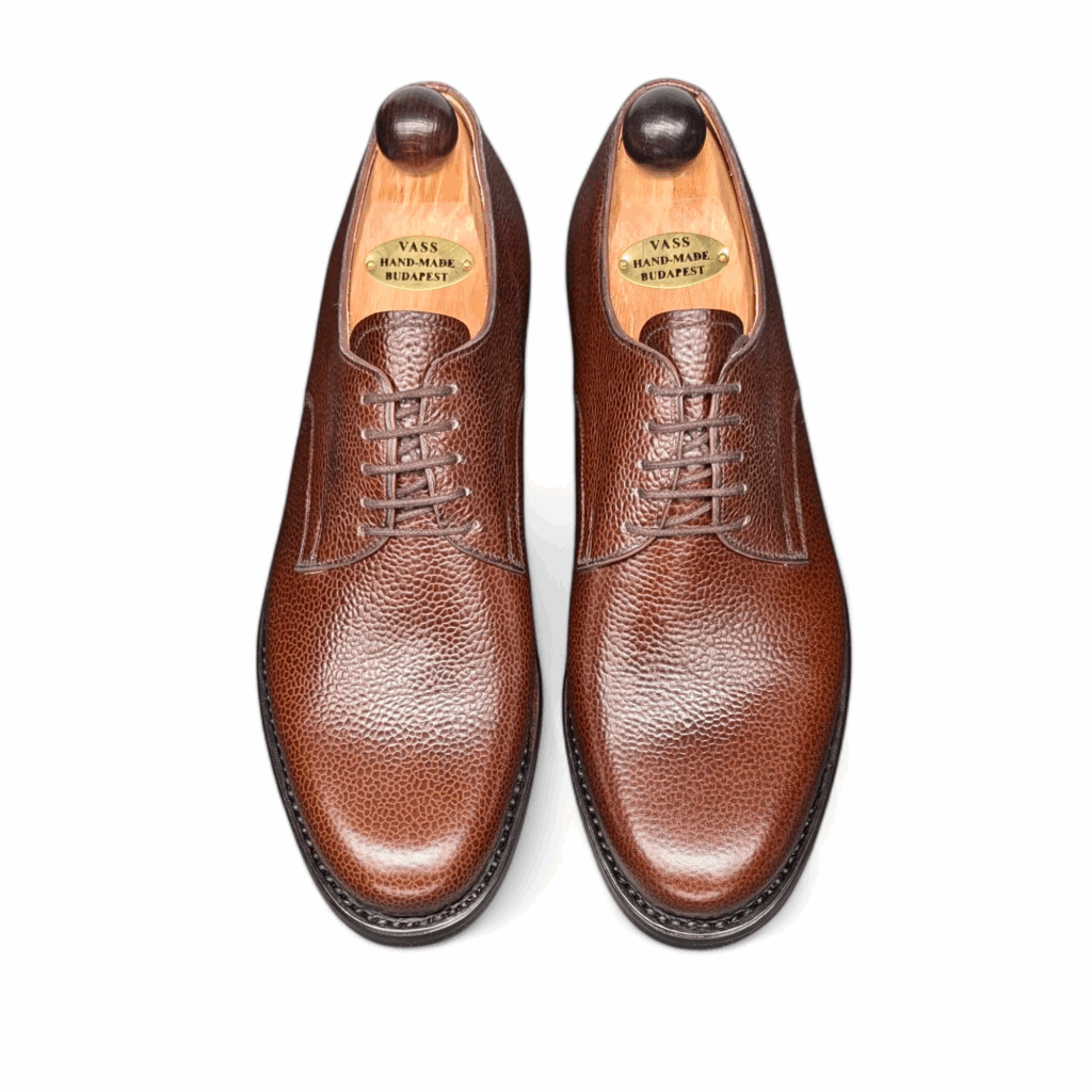 Top view of men’s antique scotchgrain derby London shoe on BP last with a double sole – handmade by Vass Shoes.