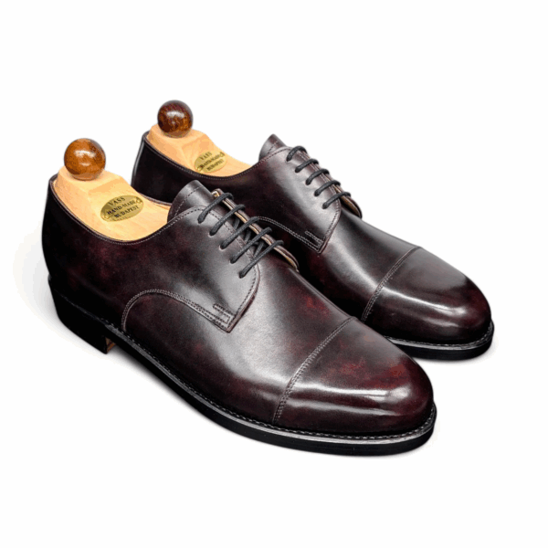Angle view-1 of men’s bordeaux Theresianer Derby shoe on 3636 last with a double sole – handmade by Vass Shoes.
