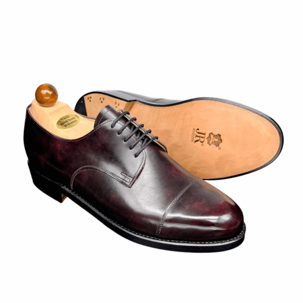 Angle view-2 of men’s bordeaux Theresianer Derby shoe on 3636 last with a double sole – handmade by Vass Shoes.